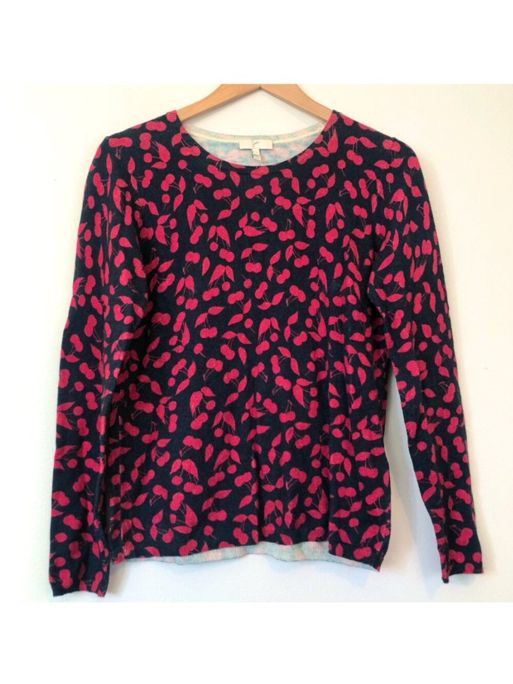 JOIE Navy Blue Red Cherry Fruit Cotton CASHMERE Crewneck Light Sweater Small S
